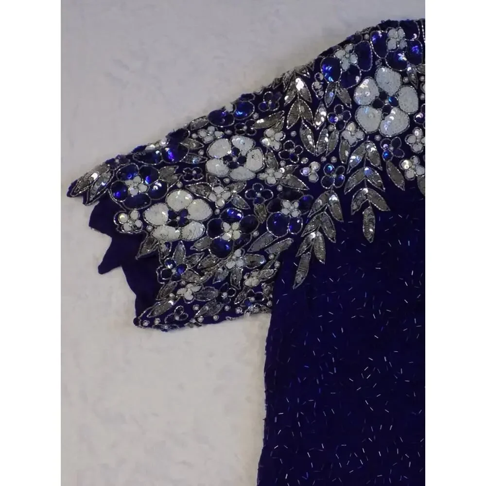 VTG D'Albert Sequin Beaded Blouse Eveningwear Blue Flower 80s 100% Silk - Picture 6 of 9